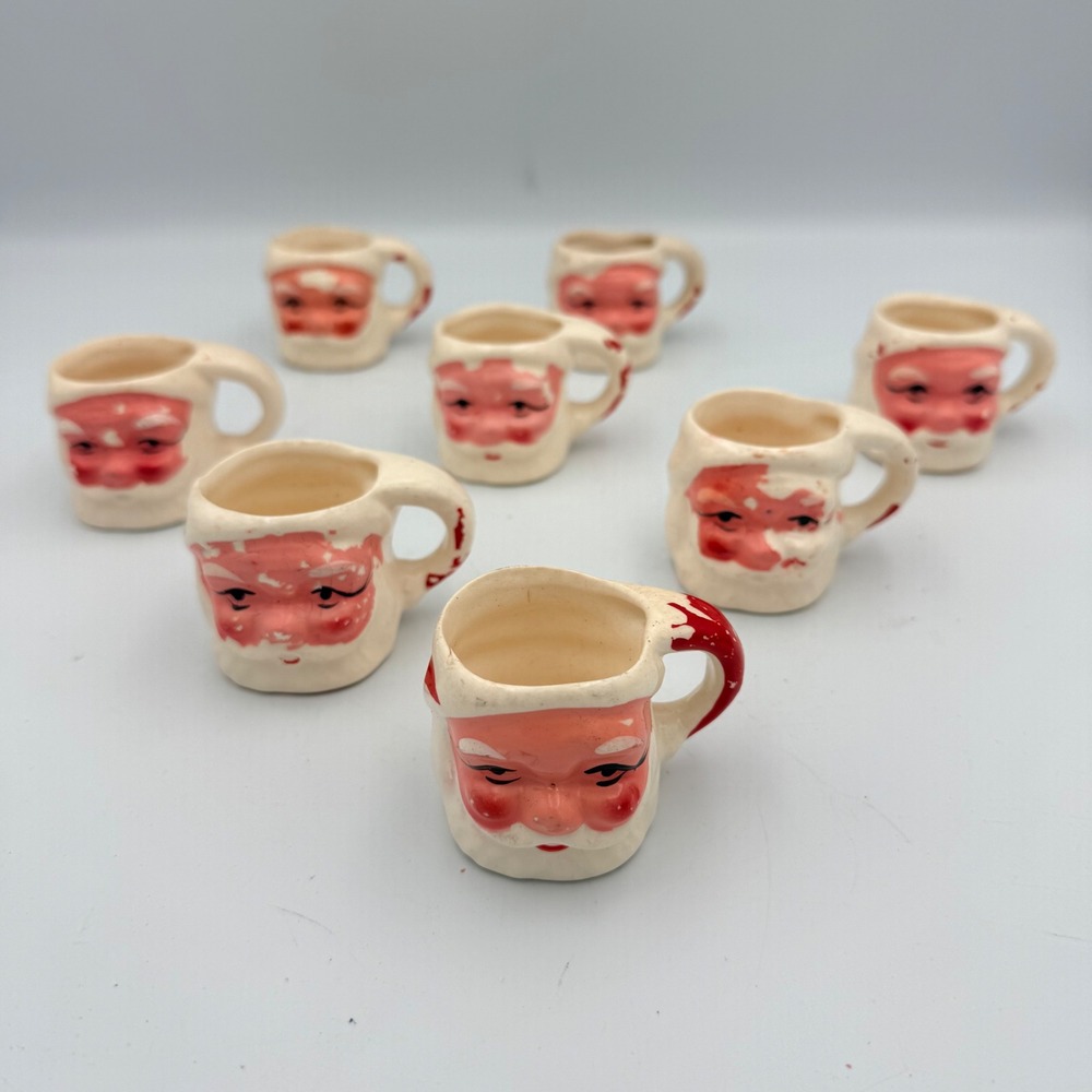 Vintage Santa Claus Miniature Ceramic Mug Set of 8 Taiwan Retro Holiday Decor